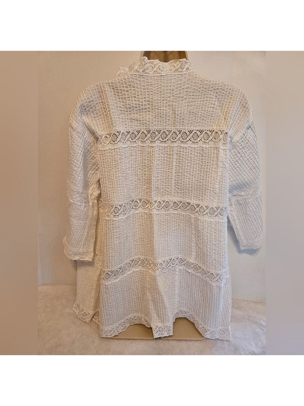 White Cotton Pintuck Tunic Lace Cottagecore Grandmacore One Size - Picture 12 of 15